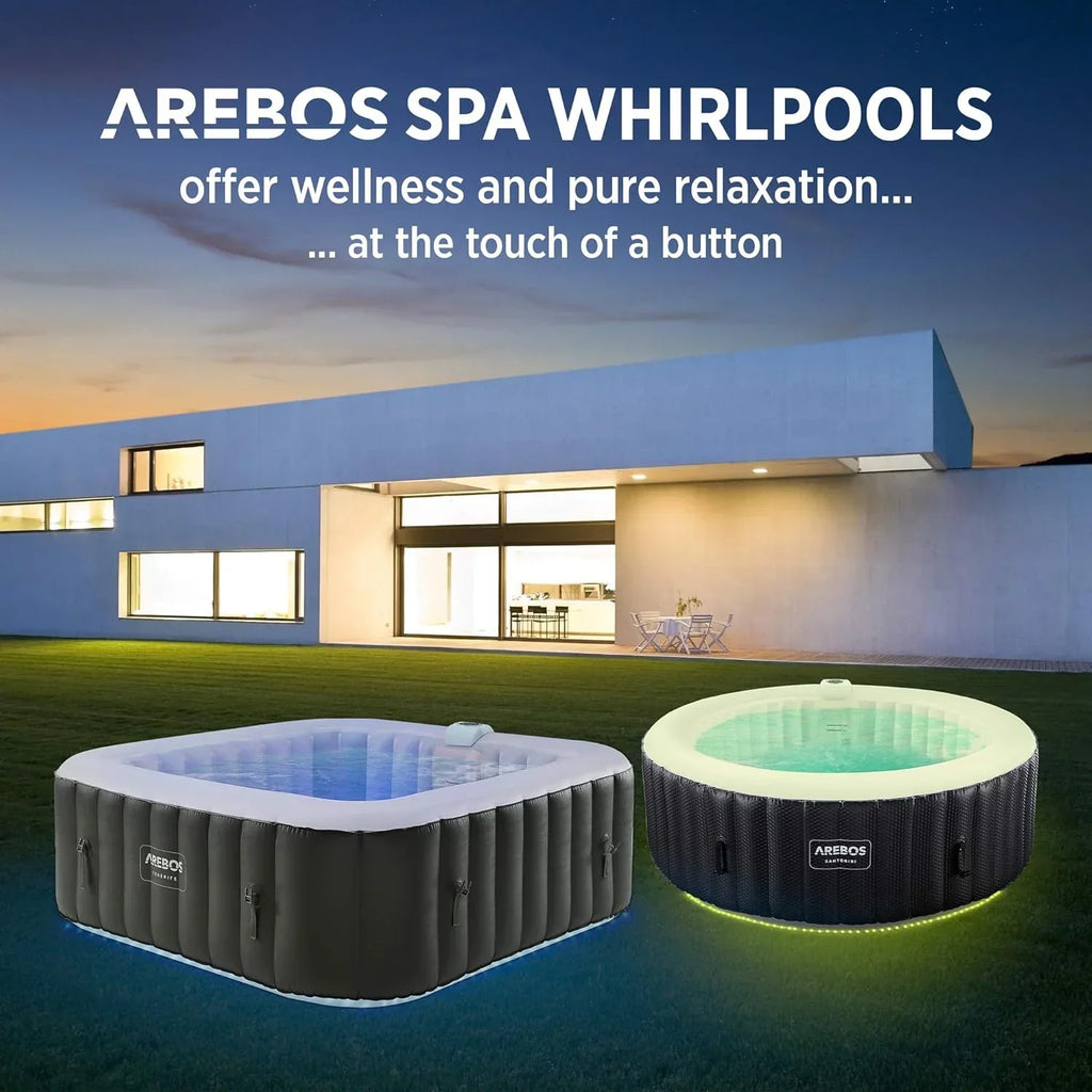 Arebos Whirlpool Inflável | Banheira de Hidromassagem | 185 x 185 cm | para 6 Pessoas | Faixa de LED Luminosa | 130 Jatos de Massagem | 910 Litros | Inclui Cobertura | Massagem Borbulhante e Bem-Estar