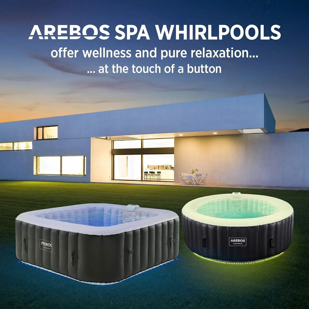 Arebos Whirlpool Inflável | Banheira de Hidromassagem | 185 x 185 cm | para 6 Pessoas | Faixa de LED Luminosa | 130 Jatos de Massagem | 910 Litros | Inclui Cobertura | Massagem Borbulhante e Bem-Estar