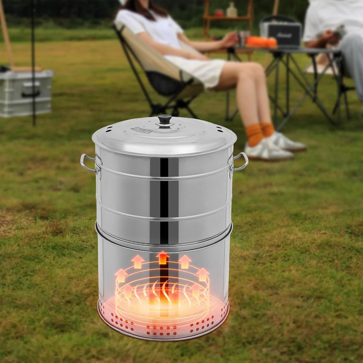 Churrasqueiras a Carvão Portáteis Grandes, Churrasqueira a Carvão Inoxidável em Barril, 360° Sem Fumaça para Exteriores com 50 Espetos, Defumador para Churrasco, Culinária ao Ar Livre e Viagens