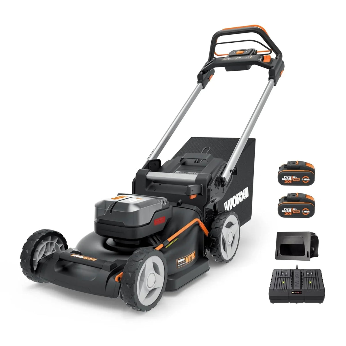 Cortador de Grama a Bateria WORX WG737E Nitro 40 V (2 x 20 V), Potente Motor sem Escovas, Largura de Corte 37 cm, 6 Níveis de Altura de Corte (20 – 70 mm), Saco Coletor de Grama 40 L