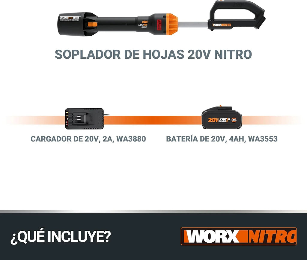 WORX WG543E Soprador de Folhas 20V-4Ah Nitro, superleve 1,7kg, Motor brushless, 209km/h, turbina de Alto Volume e Velocidade, para Limpeza de Jardins, Caminhos e Terrenos, Inclui Bateria e Carregador