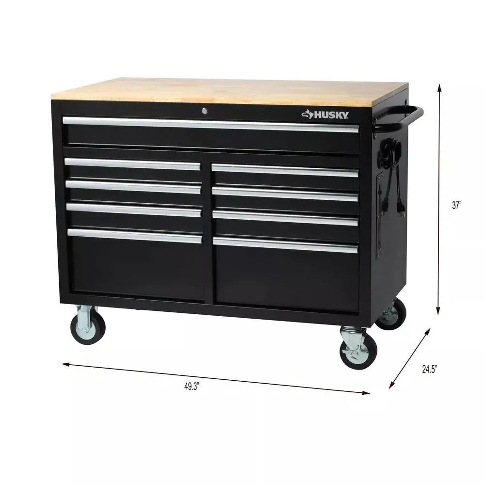 Bancada Móvel de Trabalho 2026 com Caixa de Ferramentas de 9 Gavetas em Preto Brilhante - 116,84 cm L x 60,96 cm P