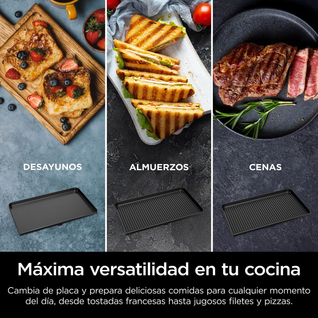 Ninja Sizzle Pro XL Grill and Chapa Interna com Chapa e Grelha de Cerâmica Antiaderente, Tampa Removível, Coletor de Gordura e Guia de Receitas, Prata/Preto GX101EU