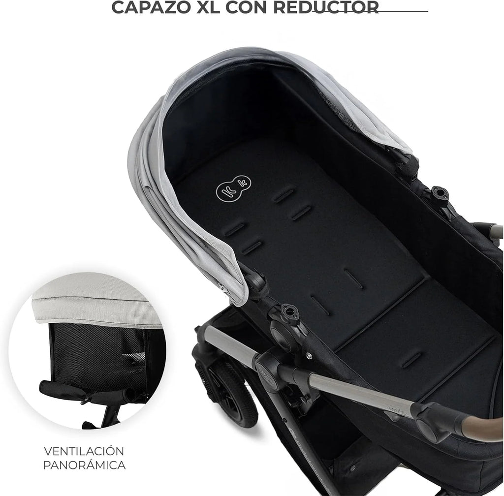 Kinderkraft MOOV XL 3 em 1, Carrinho de Bebê até 27 kg, com Cadeira Auto I-SIZE 40-75 cm, Dobrável, Amortecido, Conversível, Alcofa XL, Com acessórios, Cinza Claro