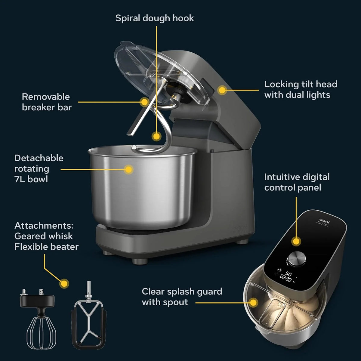 Ooni Halo Pro Batedeira Espiral Profissional de Massa 7,3L com Acessórios, 58 Velocidades – Ideal para Pão e Pizza – Cinza Antracite