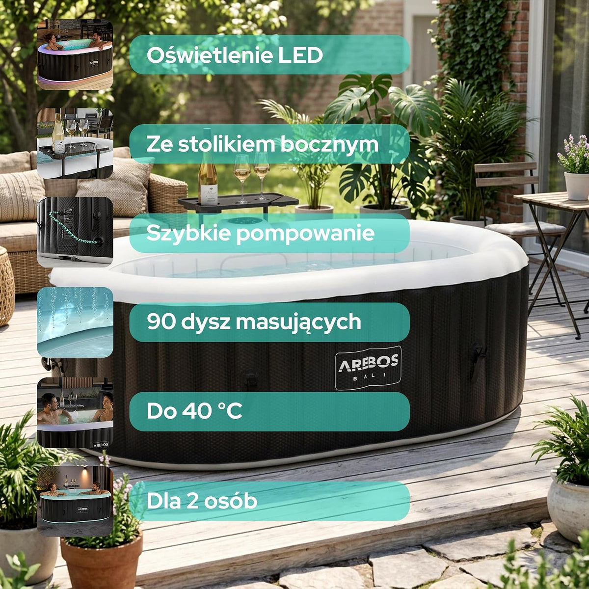 Arebos Spa Inflável com Luz LED | Inflável | Interno e Externo | Oval 190x120 cm | 2 Pessoas | 90 Jatos de Massagem | com Aquecimento | 550 Litros | Capa Inclusa | Spa de Bolhas