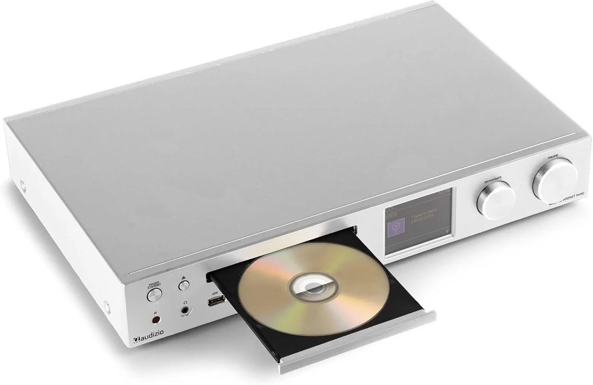 Audizio Bolzano - Rádio Internet DAB+ e FM WLAN Bluetooth, Leitor de CD, Spotify Connect, Despertador, 40.000 Estações, Controlo Remoto e por App, Conexão Toslink e Subwoofer, Prateado
