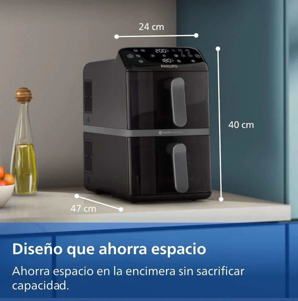 Fritadeira sem Óleo Philips Airfryer Série 4000 Cesto Vertical Duplo 10L – Tecnologia RapidAir, Sincronização, 2 Cestos Simultaneamente, 45% Menos Espaço, Revestimento Cerâmico Livre de PFAS, Janelas de Visualização (NA460/00)