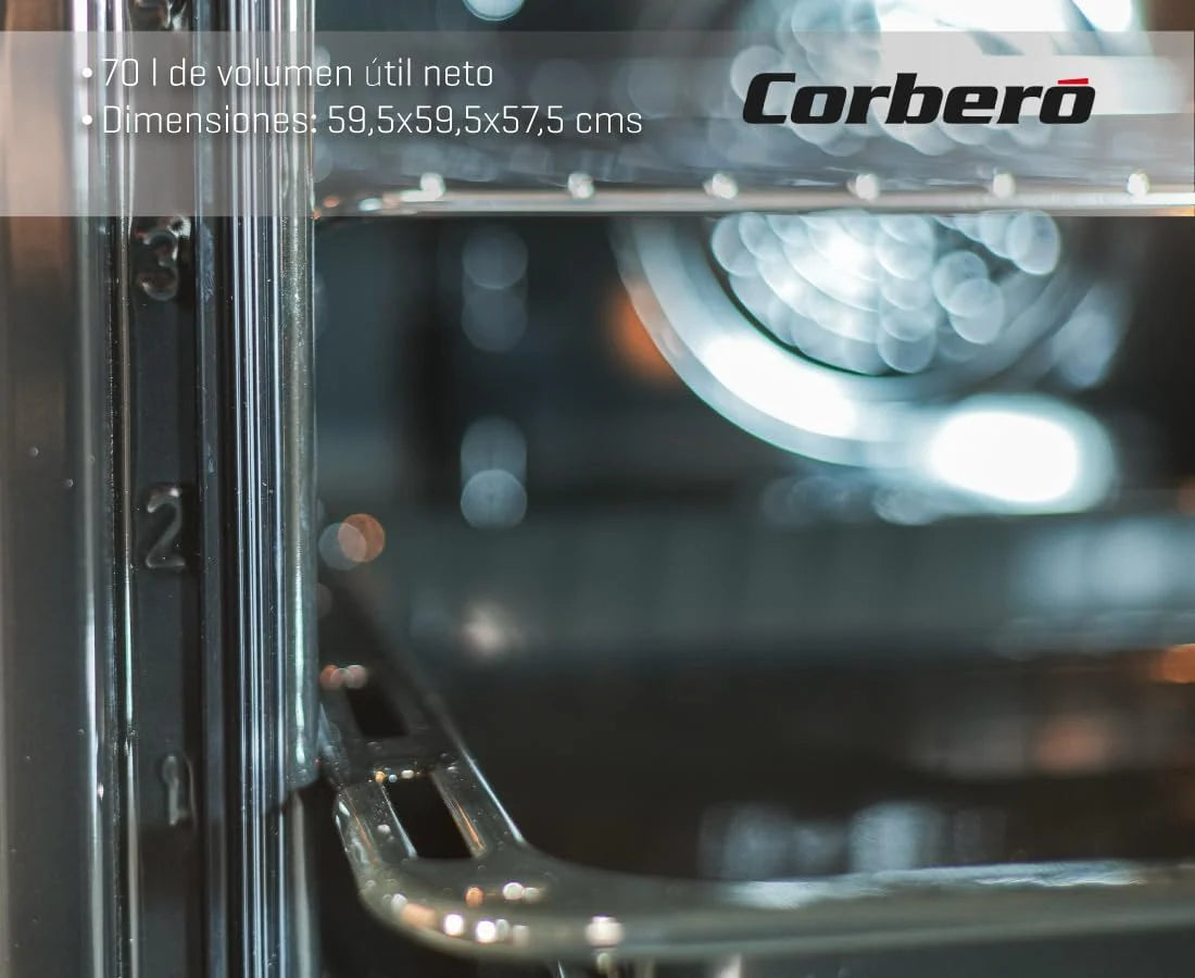 Corberó - Forno de Convecção 70L | CCHM603W | 60x60x58 cm | Convencional com 4 Programas | Luz Interior | Limpeza por Hidrólise | Porta de Vidro Duplo | 2100W | Branco com acabamento em Aço Inox