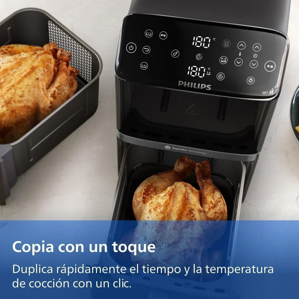 Fritadeira sem Óleo Philips Airfryer Série 4000 Cesto Vertical Duplo 10L – Tecnologia RapidAir, Sincronização, 2 Cestos Simultaneamente, 45% Menos Espaço, Revestimento Cerâmico Livre de PFAS, Janelas de Visualização (NA460/00)