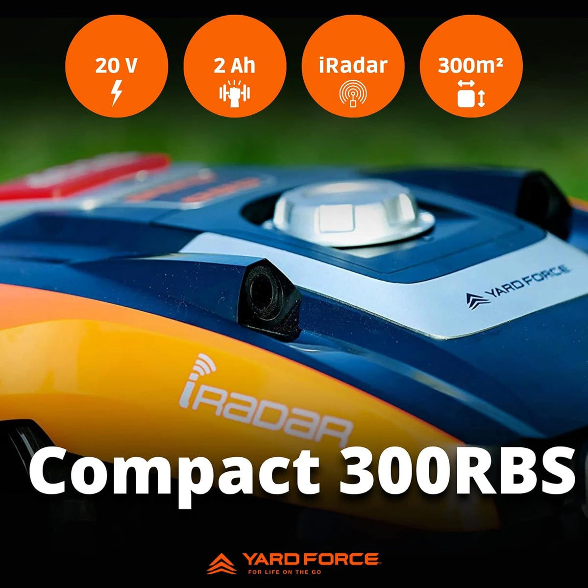 Yard Force Compact 300RBS Robô Cortador de Grama até 300 m² com controle Bluetooth e aplicativo, motor sem escovas, bateria 20 V/2,0 Ah, preto/laranja