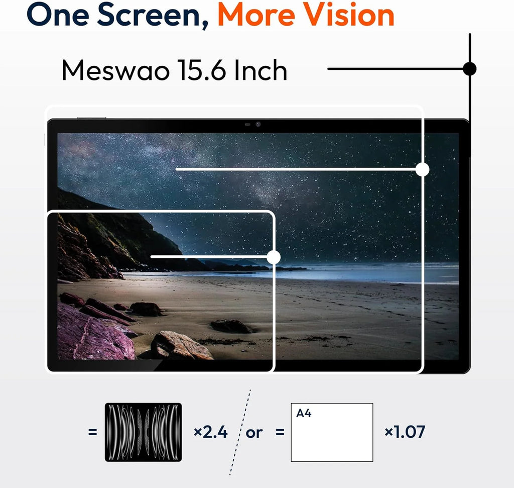 Tablet MESWAO de 15.6 polegadas, Tablet Grande Mes-B3 Mais Recente de 2025 com Tela IPS, Helio G99 Octa-Core, 6GB RAM+128GB ROM (1TB TF), 12000mah, BT5.0, Wi-Fi 2.4G/5G, Android 14, CÂMERA DE 32MP