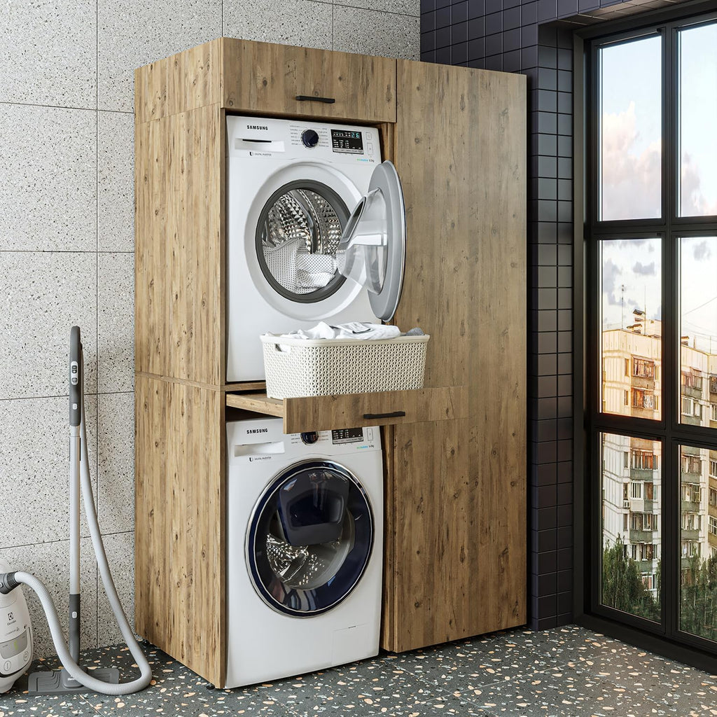 Wall cabinet, dryer over washing machine, 127 cm wide, washing machine tower, shelving unit (3 shelves, oak
