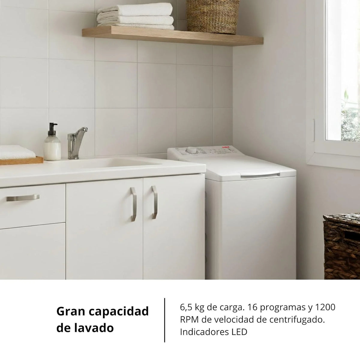 Corberó - Máquina de Lavar Roupa de Carga Superior 6.5kg | CLACSM6524 | 1200 RPM | 16 Programas, Função Vapor, ECO, Limpeza do Tambor | Início Diferido | Lavagem Rápida | Engomar Fácil | Indicadores LED | Branco