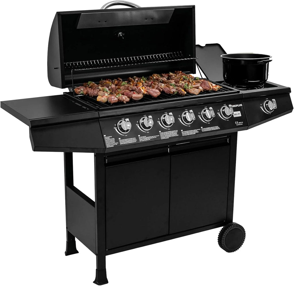 Churrasqueira a Gás Fireplus 6+1 de 12,9 kW - Aço Inoxidável Preto - Grelhador com Rodas Modelo GRILL-6F - Churrasqueira XXL com Carrinho e Termômetro - 138x52x103 cm - 7 Queimadores e Bandeja Lateral