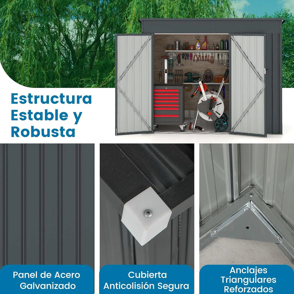 COSTWAY Abrigo de Jardim Exterior, 235 x 117 x 185 cm, Abrigo de Jardim Exterior com 2 Portas, Telhado Inclinado, Abrigo Organizador de Metal Galvanizado, Organizador de Ferramentas para Jardim e Pátio