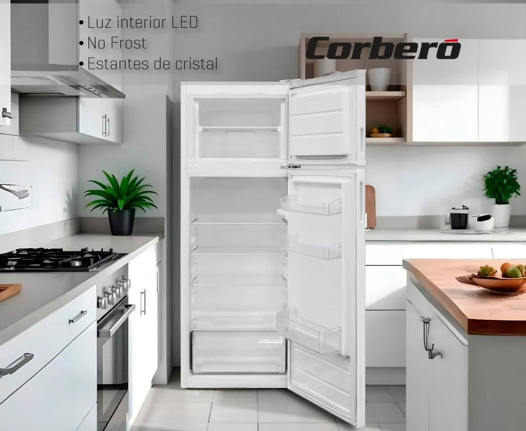 Corberó - Geladeira de 2 Portas | CF2PV21324W | 57x54x145 | Capacidade 212L | Luz Interna, Gaveta para Legumes, Prateleiras Ajustáveis na Porta, Degelo Manual, Prateleiras de Vidro, Porta-ovos, Bandejas de Gelo | Branco