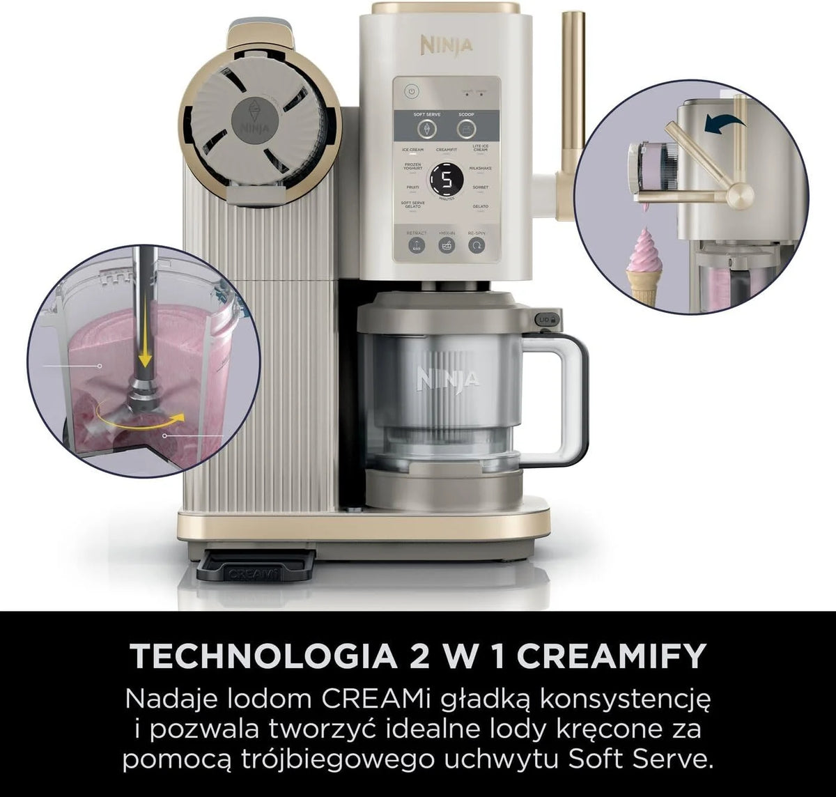 Ninja CREAMi Scoop and Swirl Máquina de Sorvete com 2 Potes, 13 Funções, Faz Sorvete, Gelato, Milkshakes e Mais, Função Mix-in, Dourado, NC701EUSTGD