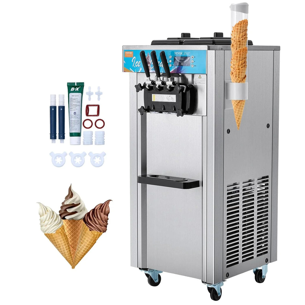 Máquina de Sorvete Comercial VEVOR 21-31 L/h 1500 W 3 Sabores Máquina de Fazer Sorvete 2 Tremonhas de 5,5 L Independente Pré-Resfriamento Limpeza Automática para Restaurante Bar Mercado Loja