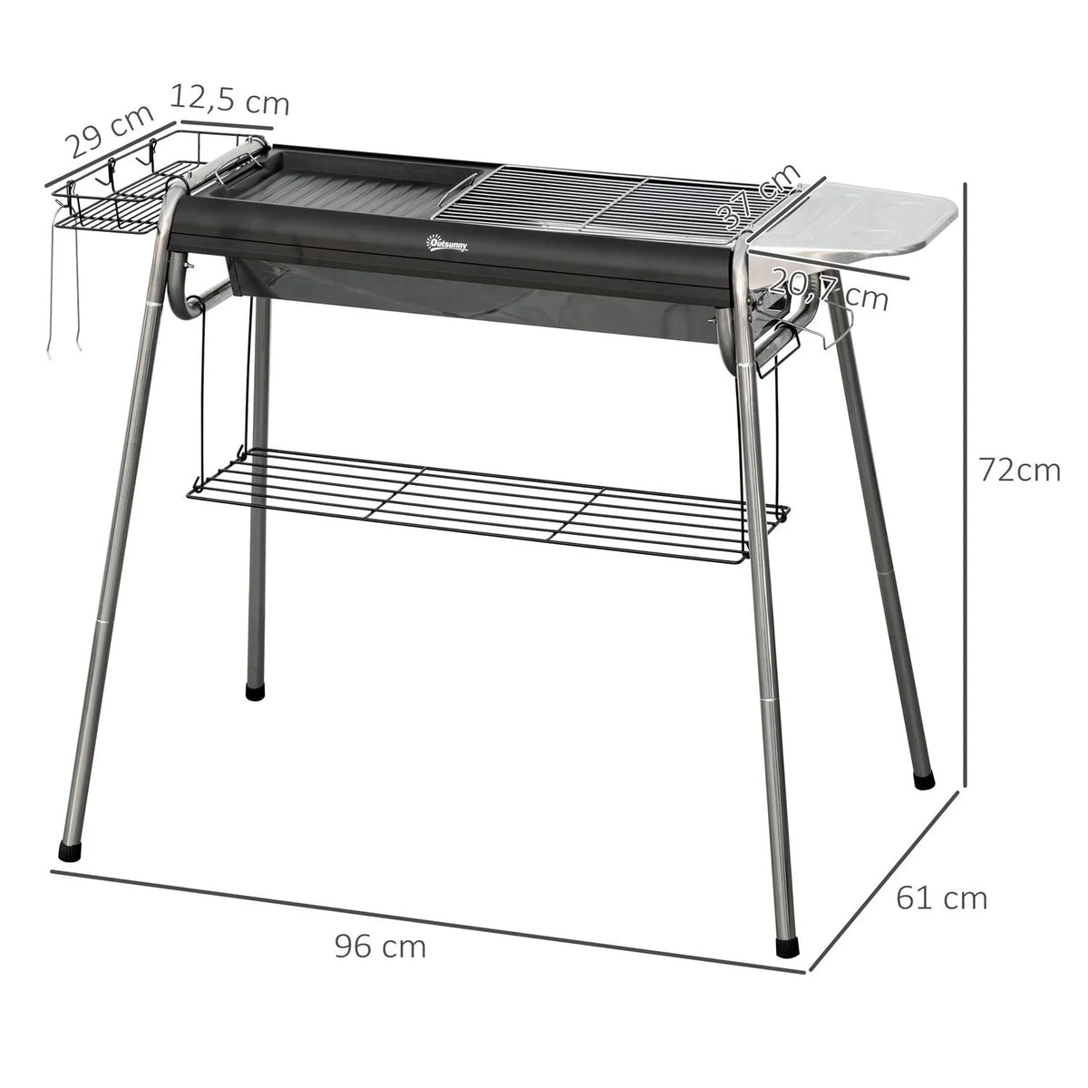 Churrasqueira a Carvão Outsunny Aço Inoxidável Metal 96x61x72 cm Preto