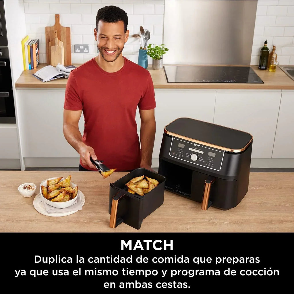 Fritadeira Ninja Foodi MAX de Compartimento Duplo, 9.6L, 6 em 1, Sem Óleo, Max Crisp, Assar, Grelhar e Mais, Pinças, 8 Porções, Cestos Antiaderentes, Cobre e Preto, AF400EUCP