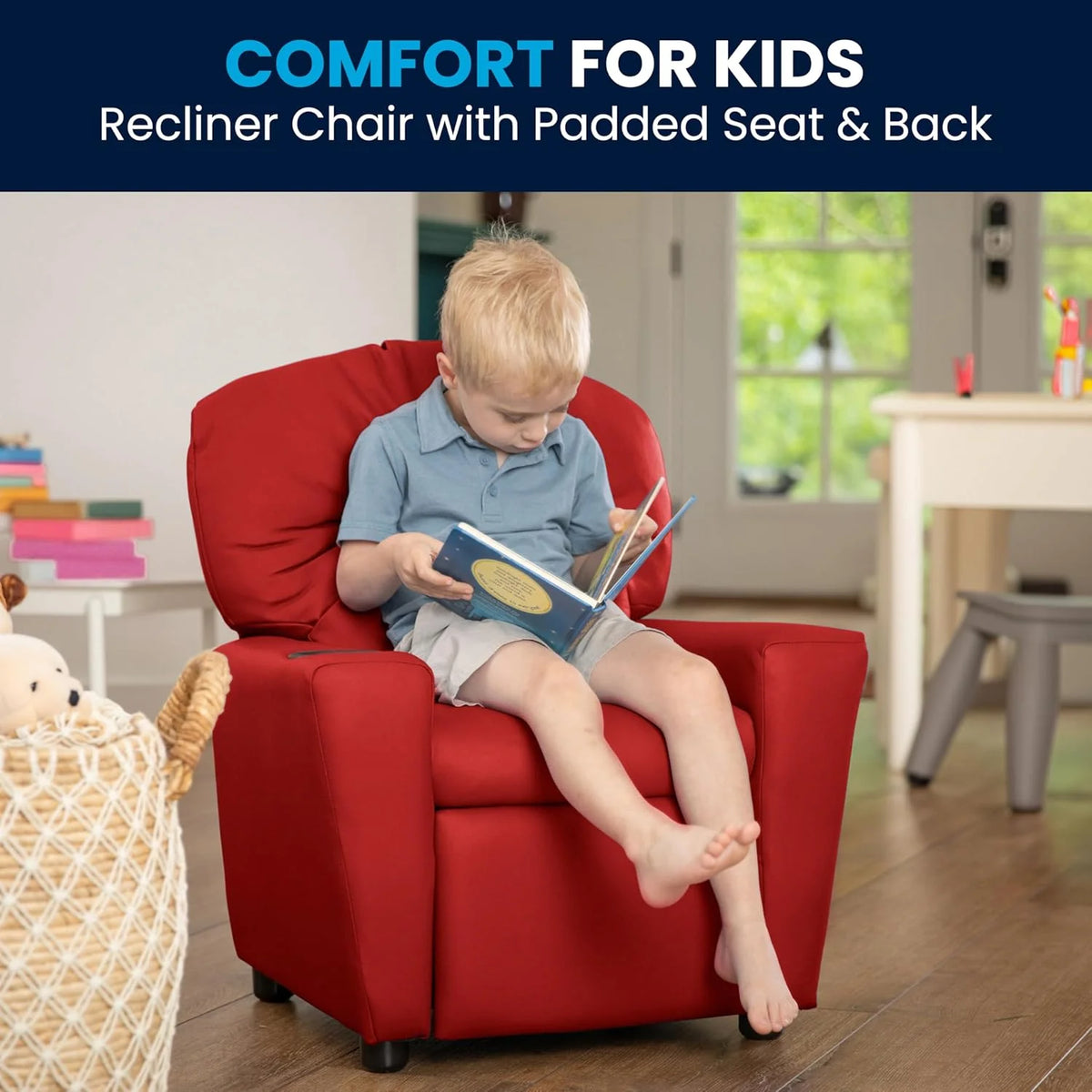Poltrona Reclinável Infantil Contemporânea Flash Furniture com Porta-Copos, Madeira, Vinil Bege, 66,04 x 53,34 x 53,34 cm