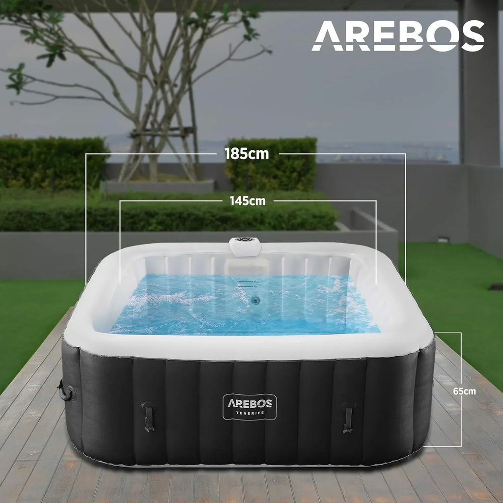Arebos Whirlpool Inflável | Banheira de Hidromassagem | 185 x 185 cm | para 6 Pessoas | Faixa de LED Luminosa | 130 Jatos de Massagem | 910 Litros | Inclui Cobertura | Massagem Borbulhante e Bem-Estar