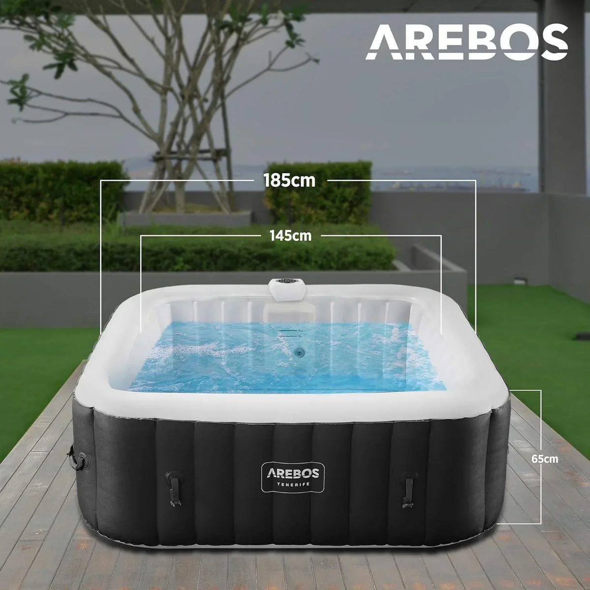 Arebos Whirlpool Inflável | Banheira de Hidromassagem | 185 x 185 cm | para 6 Pessoas | Faixa de LED Luminosa | 130 Jatos de Massagem | 910 Litros | Inclui Cobertura | Massagem Borbulhante e Bem-Estar