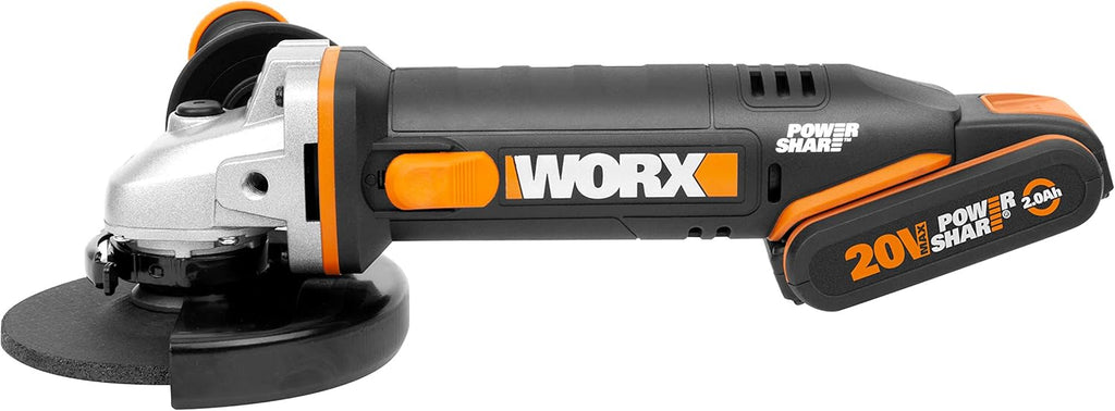 WORX | Esmerilhadeira angular 125mm 20V | PowerShare | WX803 | Inclui 2 baterias de 2Ah e 4Ah | Bloqueio do fuso | Interruptor lateral | Sistema de ajuste rápido sem ferramentas | Punho auxiliar