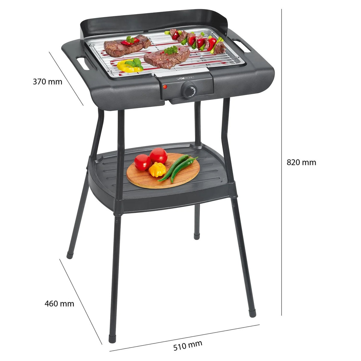 Churrasqueira Elétrica Com Pés, Grelha Cromada, Ajuste de Temperatura, Interior / Exterior Preto/Prata 2000w Clatronic Bqs 3508
