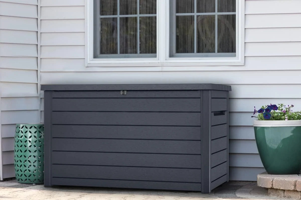 Keter Baú XXL Ontario, Grafite, Capacidade de 870 L, Dimensões Externas: 147 x 83 x 86 cm, Caixa de Armazenamento Impermeável para Exterior