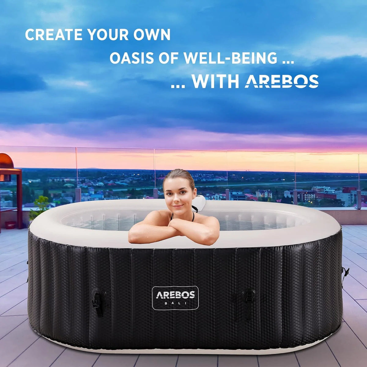 Banheira de Hidromassagem Arebos com iluminação LED | SPA Inflável | Interno e Externo | 190x120 cm Oval | 2 Pessoas | 90 jatos de Massagem | Aquecida | 550 Litros | Inclui Cobertura