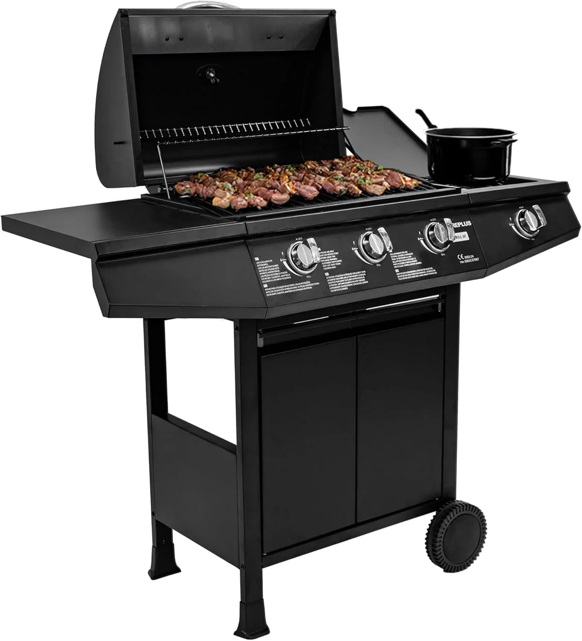 Amig - Churrasqueira a gás Fireplus 3+1 8,4 kW - Aço inoxidável preto - Grill com rodas Modelo GRILL-3F - Churrasqueira XXL com carrinho e termómetro - 117x52x103cm - 4 queimadores e bandeja lateral