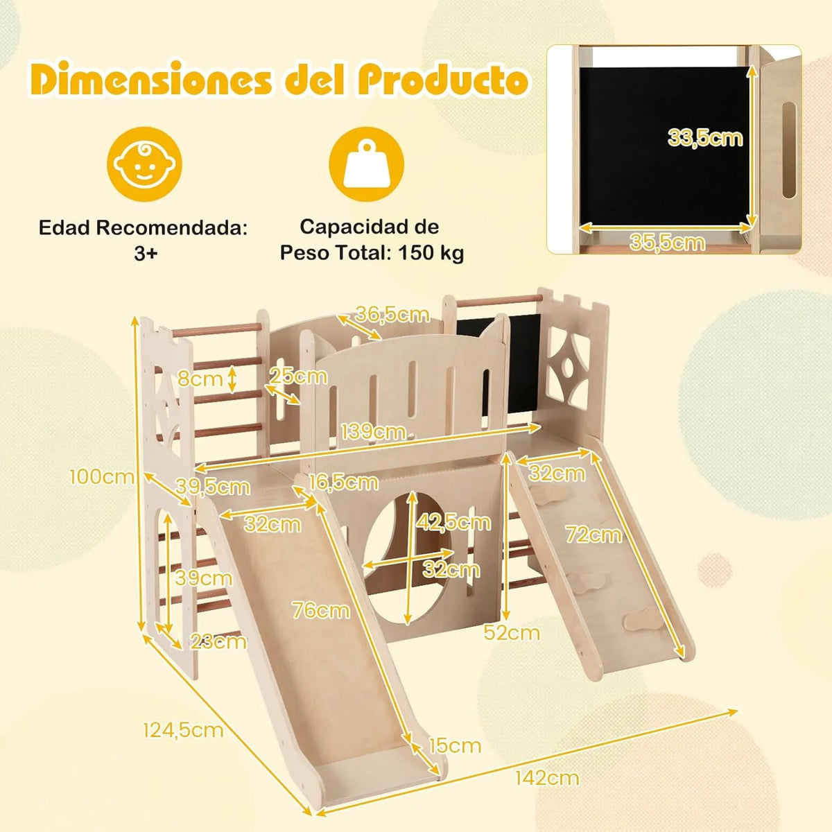 Parque Infantil Interno de Madeira Costway 8 em 1, Tema de Castelo, Escorregador, Escalador, Escadas, Armazenamento, Quadro-Negro, Túnel, Brinquedo Montessori para Crianças a Partir de 3 Anos