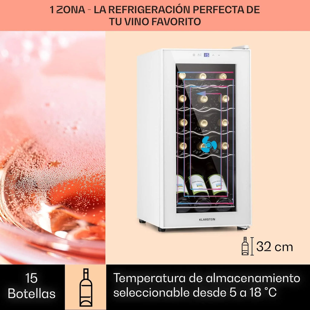 KLARSTEIN Vinoteca para Vinhos 44L Frigorífico para Vinhos Uma Zona, Garrafas de Vinho, Prosecco e Cervejas, Vinoteca Pequena Porta de Vidro para Interior e Exterior, Frigorífico para Vinhos Capacidade 15 Garrafas