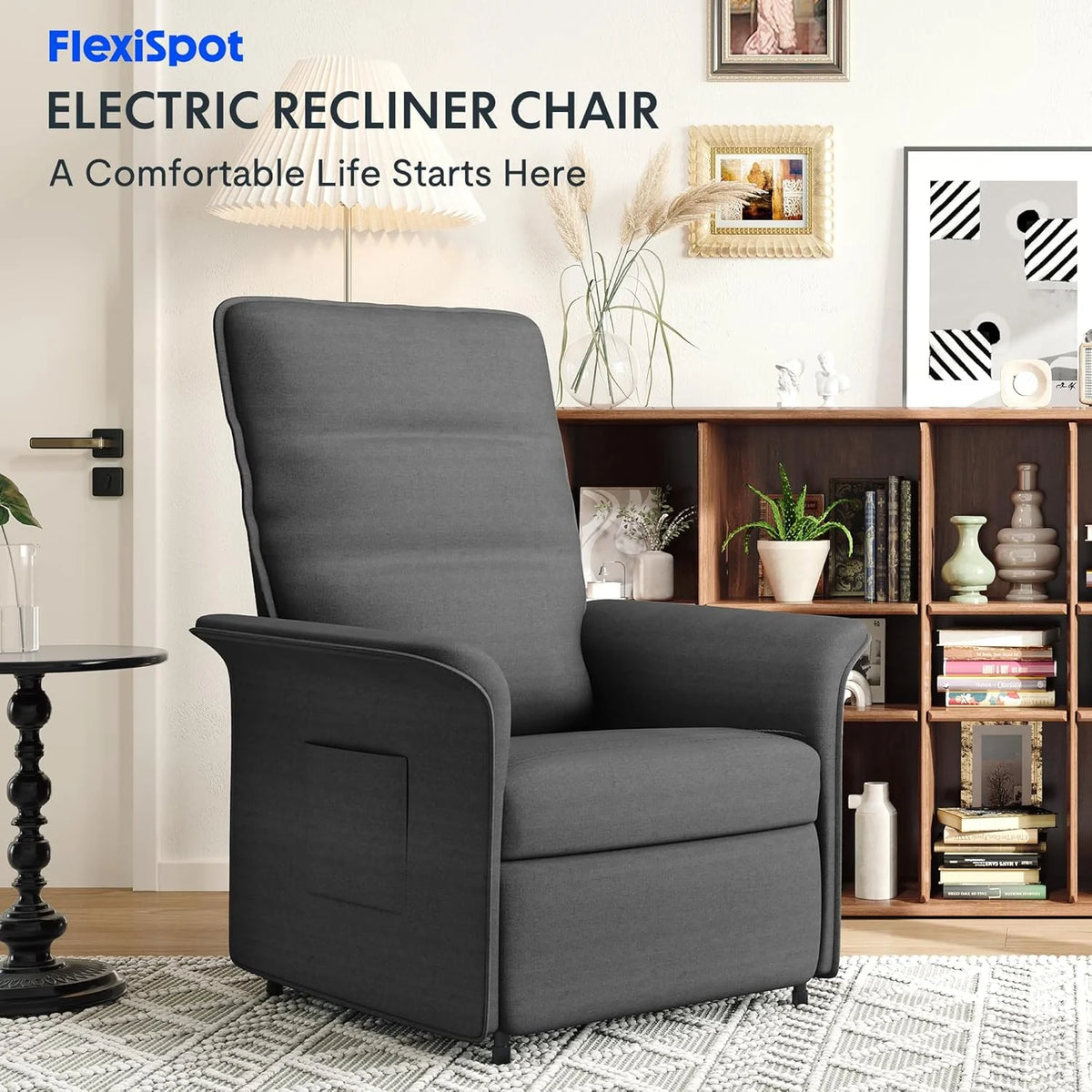 FLEXISPOT Poltrona Reclinável Elétrica com Encosto Ajustável, Reclinação de 105° a 155°, Poltrona Reclinável, Sofá Relax Ergonômico para Quarto, Sala de Estar e Home Theater (Cinza Escuro)