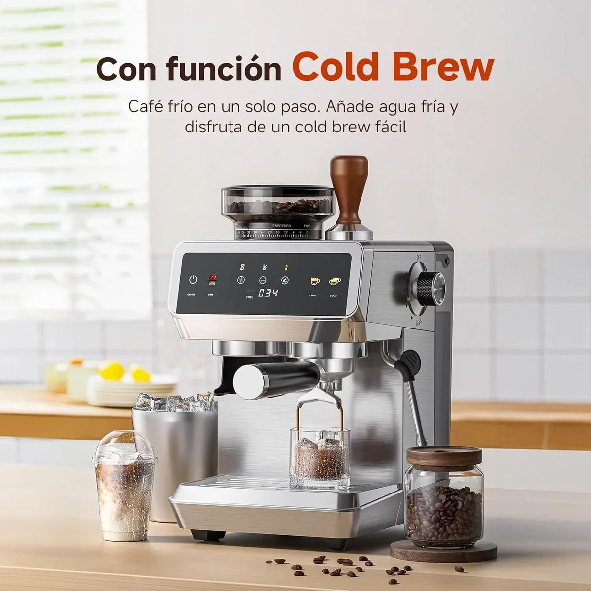 Máquina de Café Espresso AMZCHEF com Moedor Integrado 20 Bares – Cafeteira com 44 Configurações de Moagem, Vaporizador de Leite, 4 Temperaturas, Função Café Frio, Aço Inoxidável, Reservatório de 1,8L