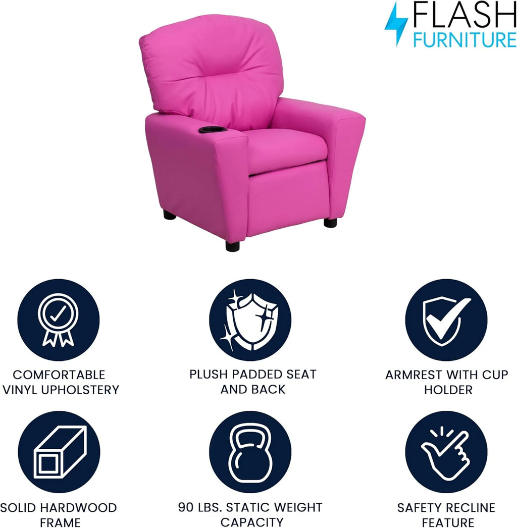 Poltrona Reclinável Infantil Contemporânea Flash Furniture com Porta-Copos, Madeira, Vinil Bege, 66,04 x 53,34 x 53,34 cm