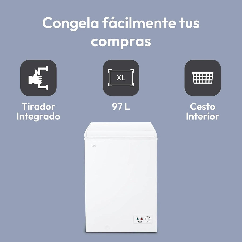 Candy CCHH 100E, Freezer Horizontal, Largura 55CM, 97L, Tecnologia Estática, 1 Cesto, Controle Eletrônico Externo, Indicador de Temperatura, Alarme de Aumento de Temperatura, 39DB, Branco