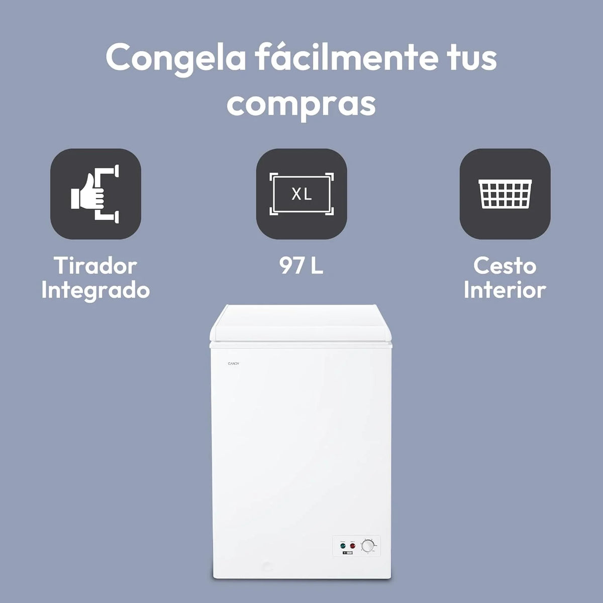 Candy CCHH 100E, Freezer Horizontal, Largura 55CM, 97L, Tecnologia Estática, 1 Cesto, Controle Eletrônico Externo, Indicador de Temperatura, Alarme de Aumento de Temperatura, 39DB, Branco