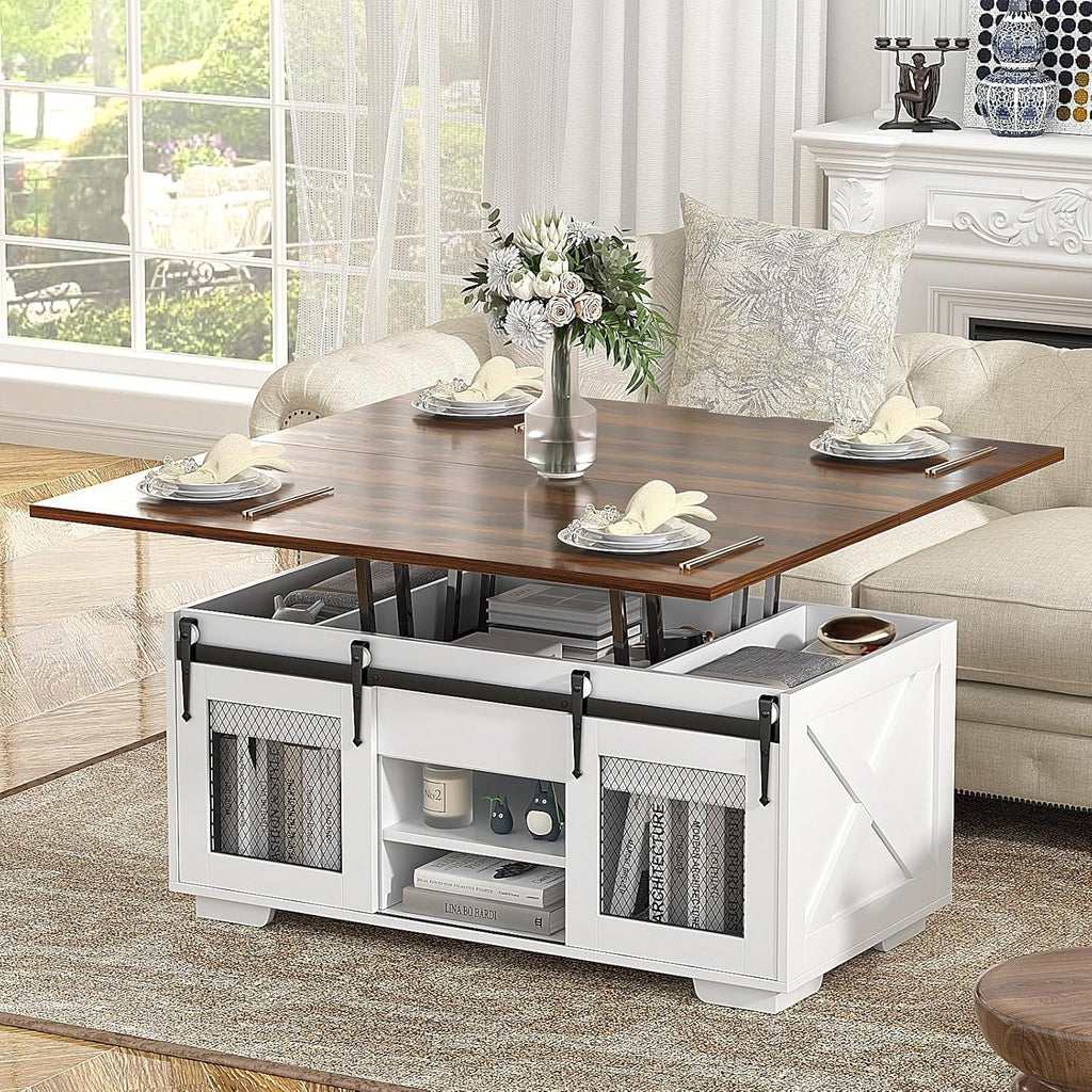 VOWNER Mesa de Centro Elevável, Mesa Extensível, Multifuncional 3 em 1 com Armazenamento Oculto - Sala de Jantar, Conversível, Estilo Fazenda, Nogueira