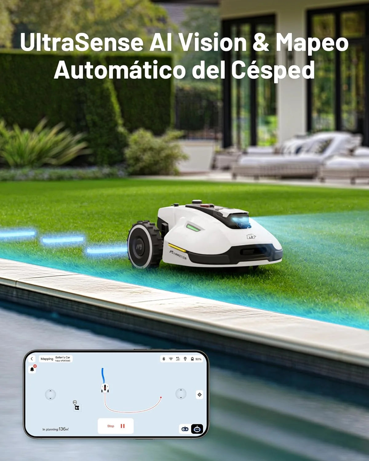 MAMMOTION YUKA 3000 Robô Cortador de Grama sem Fio Delimitador, NetRTK+Visão, sem Antena RTK, Mapeamento Automático, Máx. 4000 m², Rec. 3000 m², com módulo 4G, Inclinação de 50%