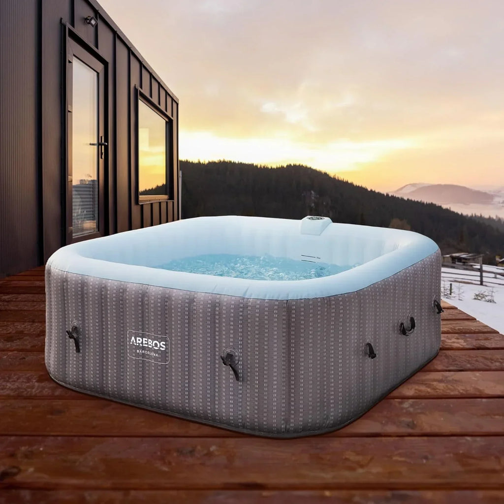 Jacuzzi Arebos Spa 2400W | Piscina exterior | para 6 pessoas 185 x 185 cm | 130 jatos de massagem | 910 L com aquecimento | Função de enchimento por botão | Inclui cobertura | Spa de Bolhas e Bem-Estar