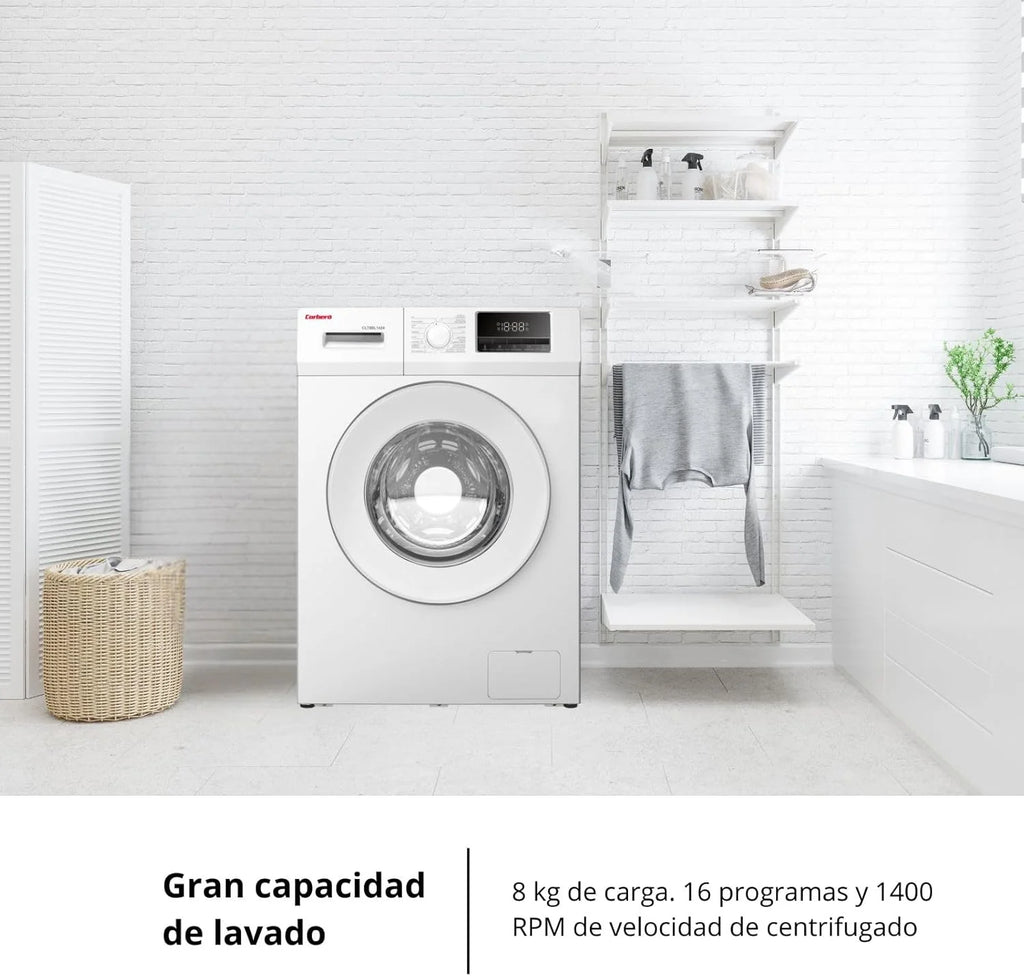 Corberó - Máquina de Lavar Roupa de Carregamento Frontal Premium 8kg | CLT8BL1424 | 1400 Rpm | Motor Inverter, 16 Programas, Início Diferido 3-24 Horas, Lavagem Rápida de 15-30 Min., Porta XXL | Branco