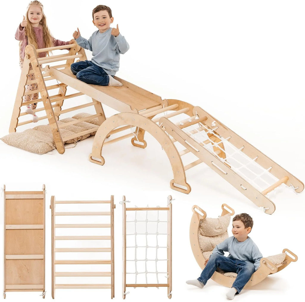Conjunto de Escalada Montessori 5 em 1 para Crianças - Ginásio de Escalada de Madeira com Escada Triângulo, Arco, Rampa de Escalada, Rede e Almofada - Ginásio de Madeira para Crianças