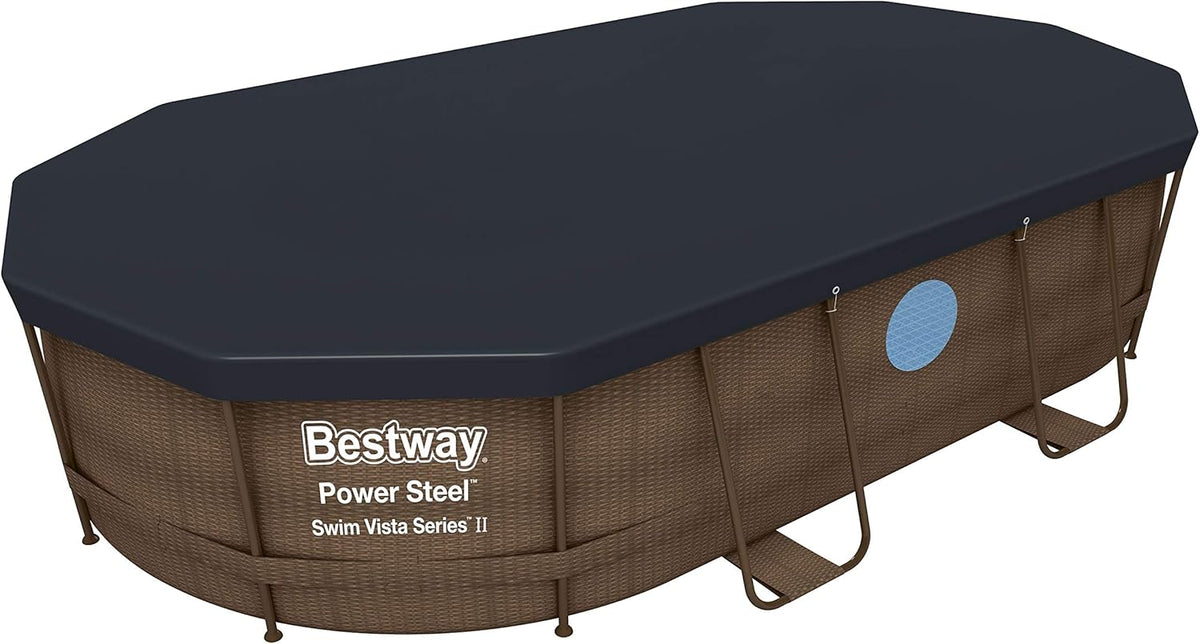 BESTWAY - Piscina Estrutural Tubular Power Steel 427x250x100 cm Bomba Filtrante 2.006 l/h Escada e Capa Design Rattan