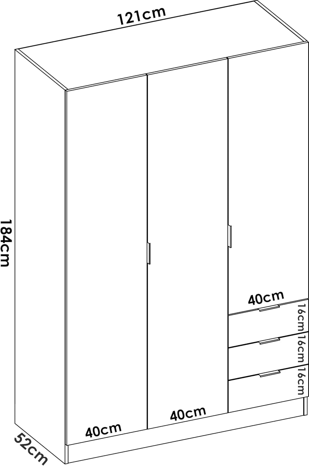 DEKIT GRUPO RIMOBEL Guarda-roupa 3 Portas e 3 Gavetas - Branco - 121X184X52 Cm