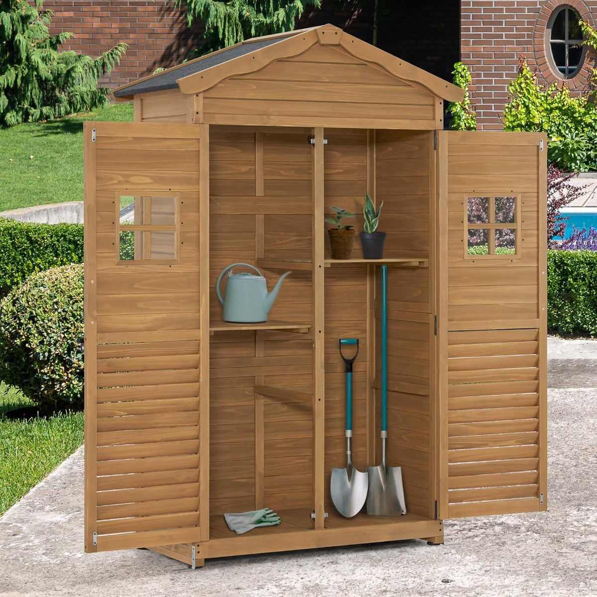 MCombo Armário de Jardim, Galpão de Jardim de Madeira Resistente às Intempéries, Armário para Ferramentas, Galpão de Ferramentas para Exterior 57×109×180 cm, 1152 (Natural)