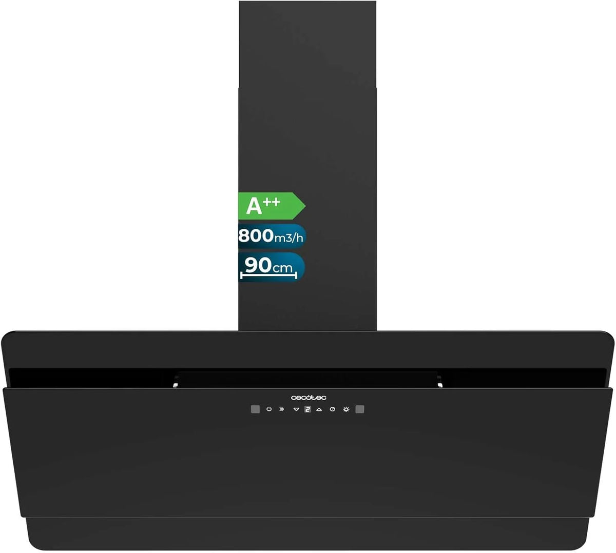 Cecotec Coifa Decorativa 90 cm Flux Dt 908000 Glass Black A++. Vidro Preto, 800m³/h de Potência, Motor 210W, A++, Controle Touch, 3 Níveis + Booster, Controle por Movimento de Mão