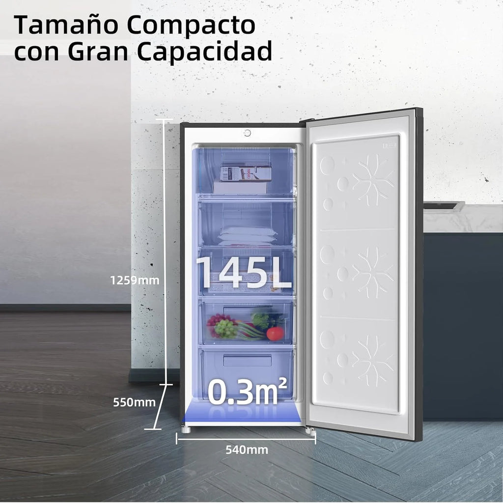 Freezer vertical CHiQ, 145L de capacidade, congelamento rápido, termostato ajustável, silencioso, porta reversível, preto, classificação energética E